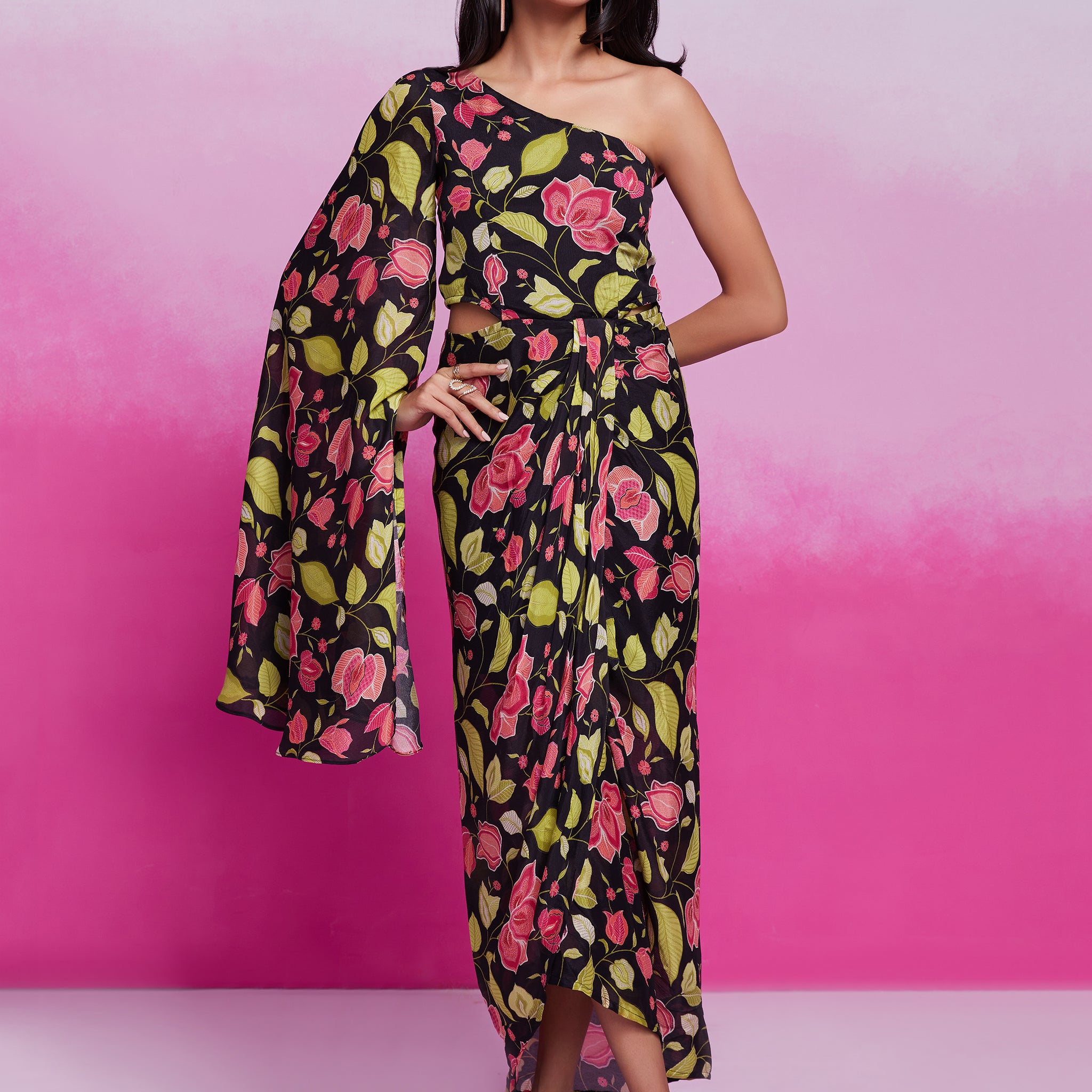 Stunning Black Floral Printed Chinon Silk Western Dress