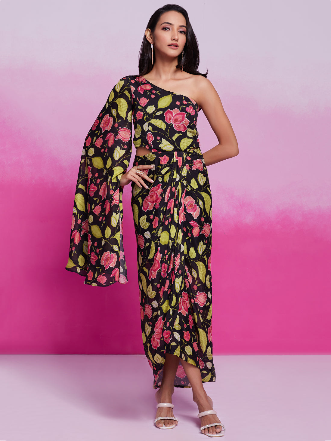 Stunning Black Floral Printed Chinon Silk Western Dress