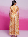 Excellent Cream Printed Organza Silk Western Wear Jump Suit