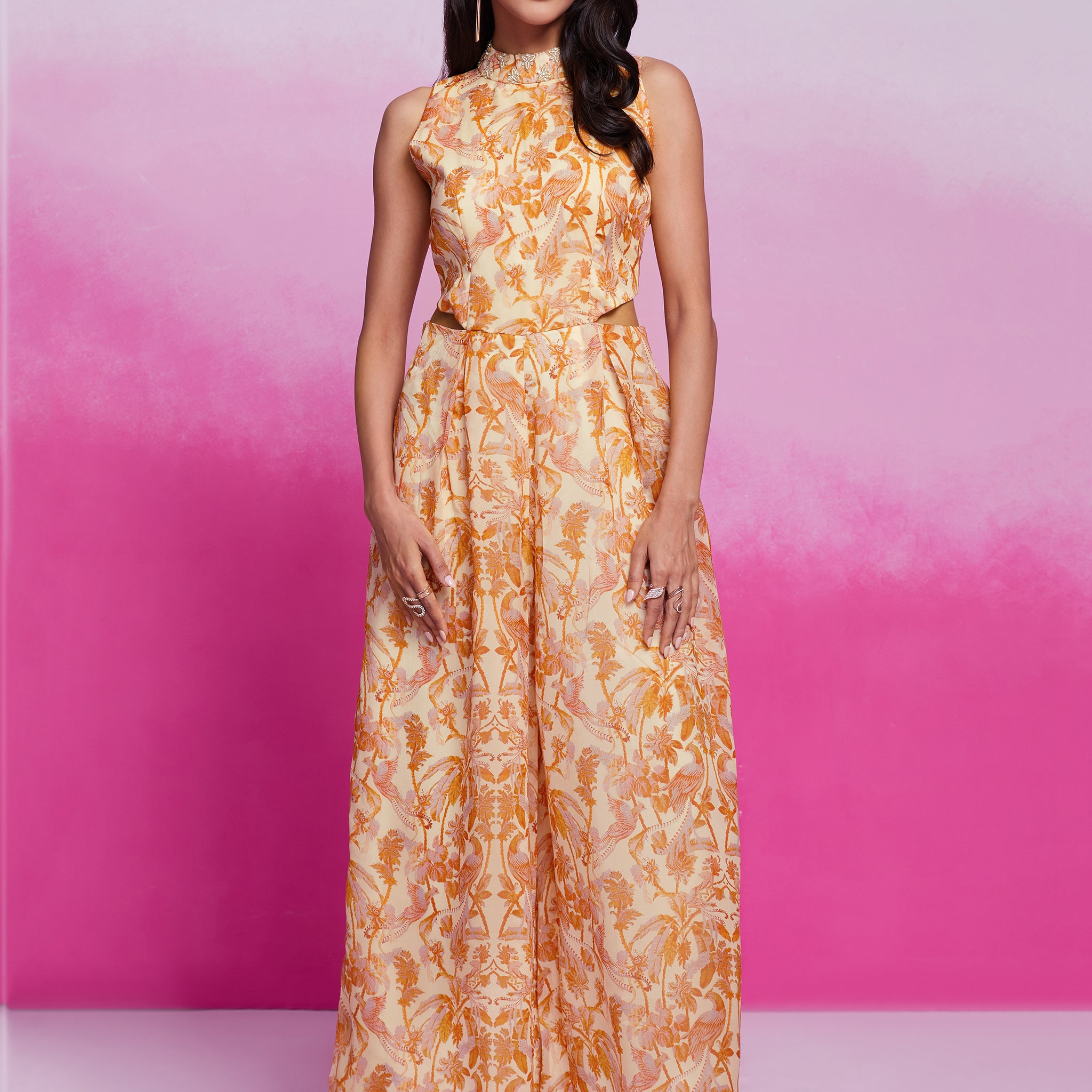 Excellent Cream Printed Organza Silk Western Wear Jump Suit