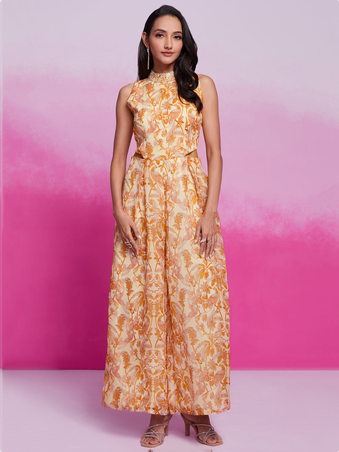 Excellent Cream Printed Organza Silk Western Wear Jump Suit