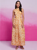 Excellent Cream Printed Organza Silk Western Wear Jump Suit