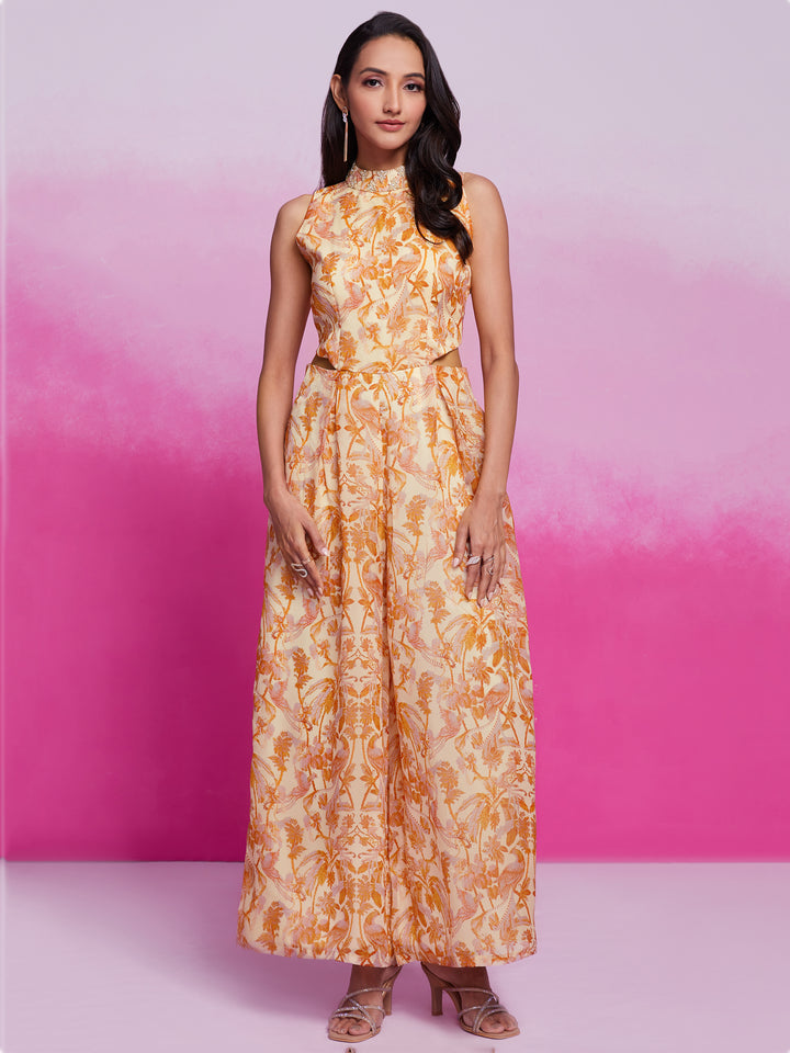 Excellent Cream Printed Organza Silk Western Wear Jump Suit