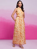 Excellent Cream Printed Organza Silk Western Wear Jump Suit