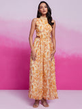 Excellent Cream Printed Organza Silk Western Wear Jump Suit