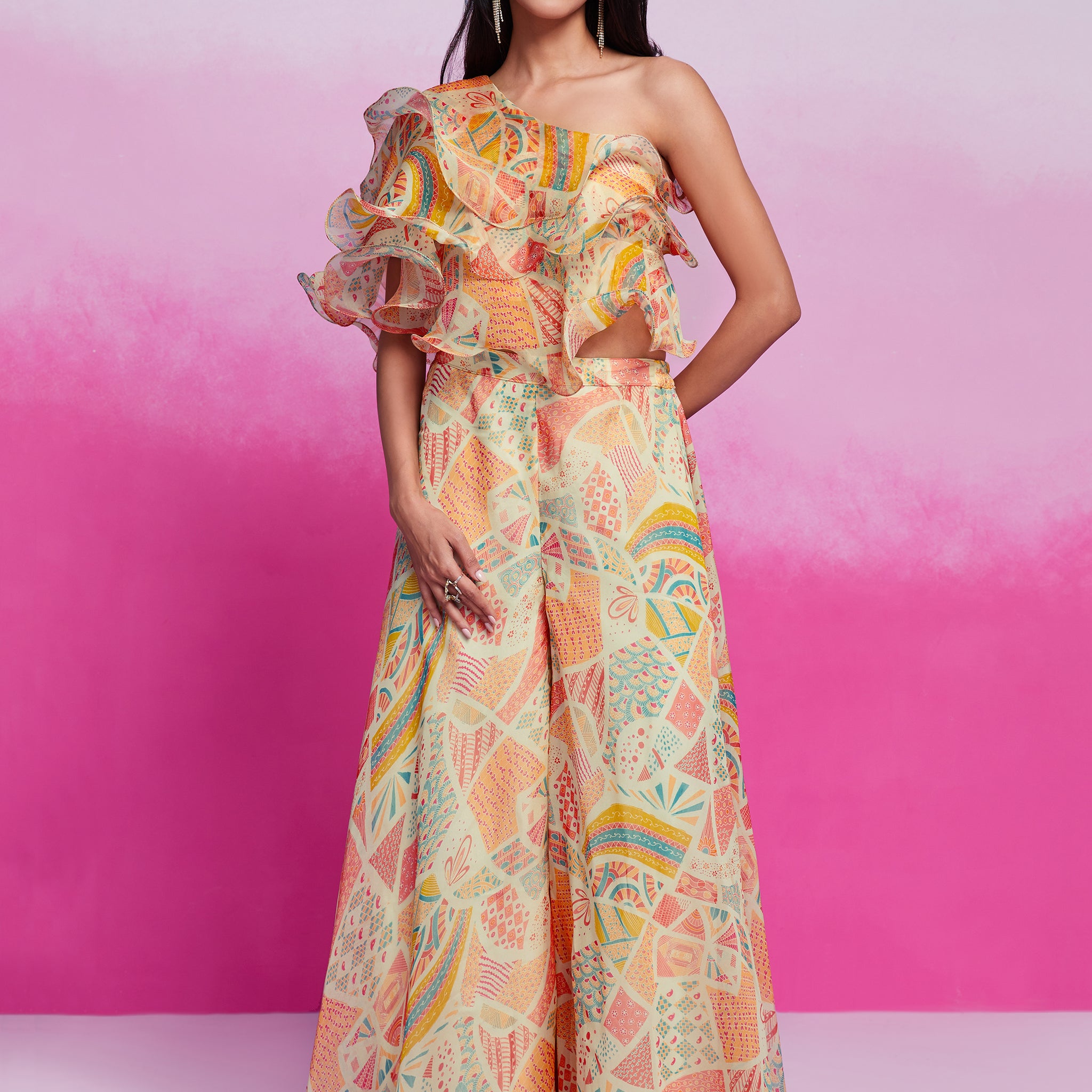 Gorgeous Cream Printed Organza Party Wear Crop Top with Palazzo