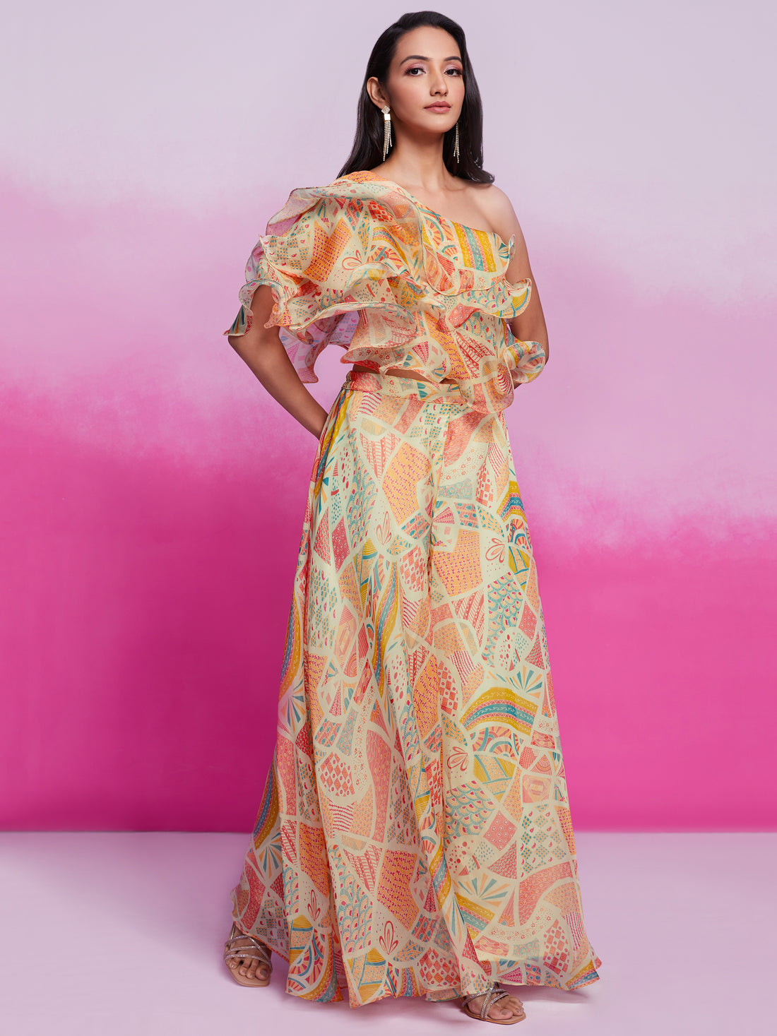 Gorgeous Cream Printed Organza Party Wear Crop Top with Palazzo