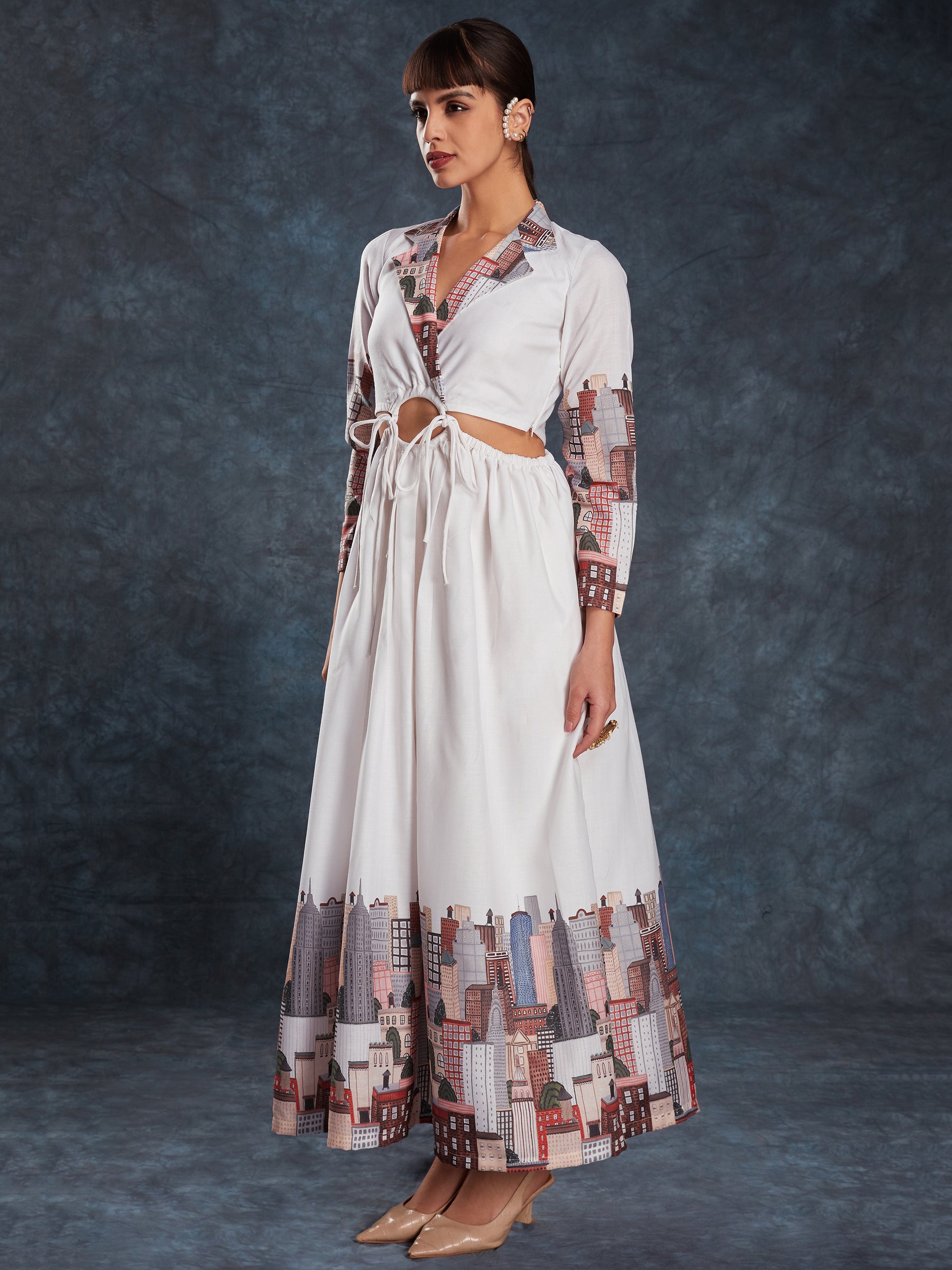 Pretty White Printed Linen Western Wear Long Dress