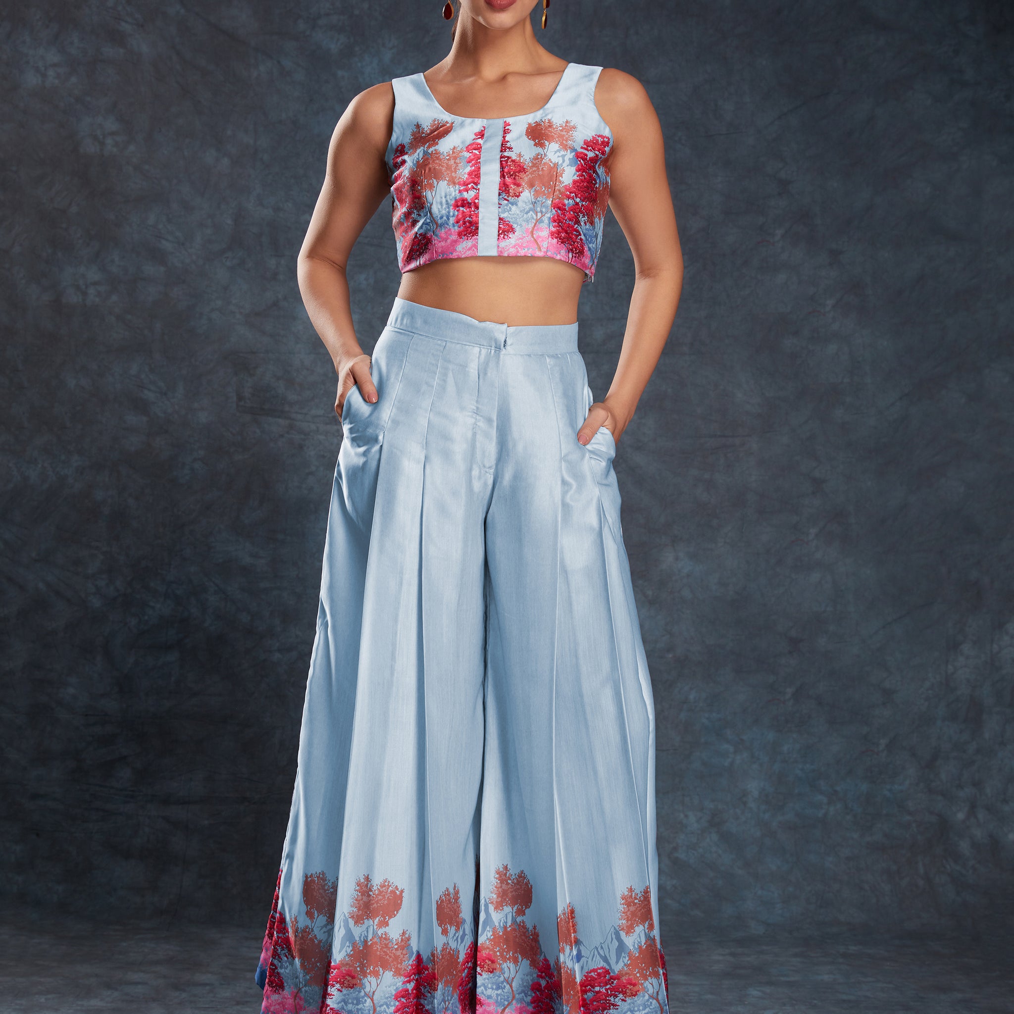 Awesome Sky Blue Digital Printed Linen Western Wear Co-Ord Set
