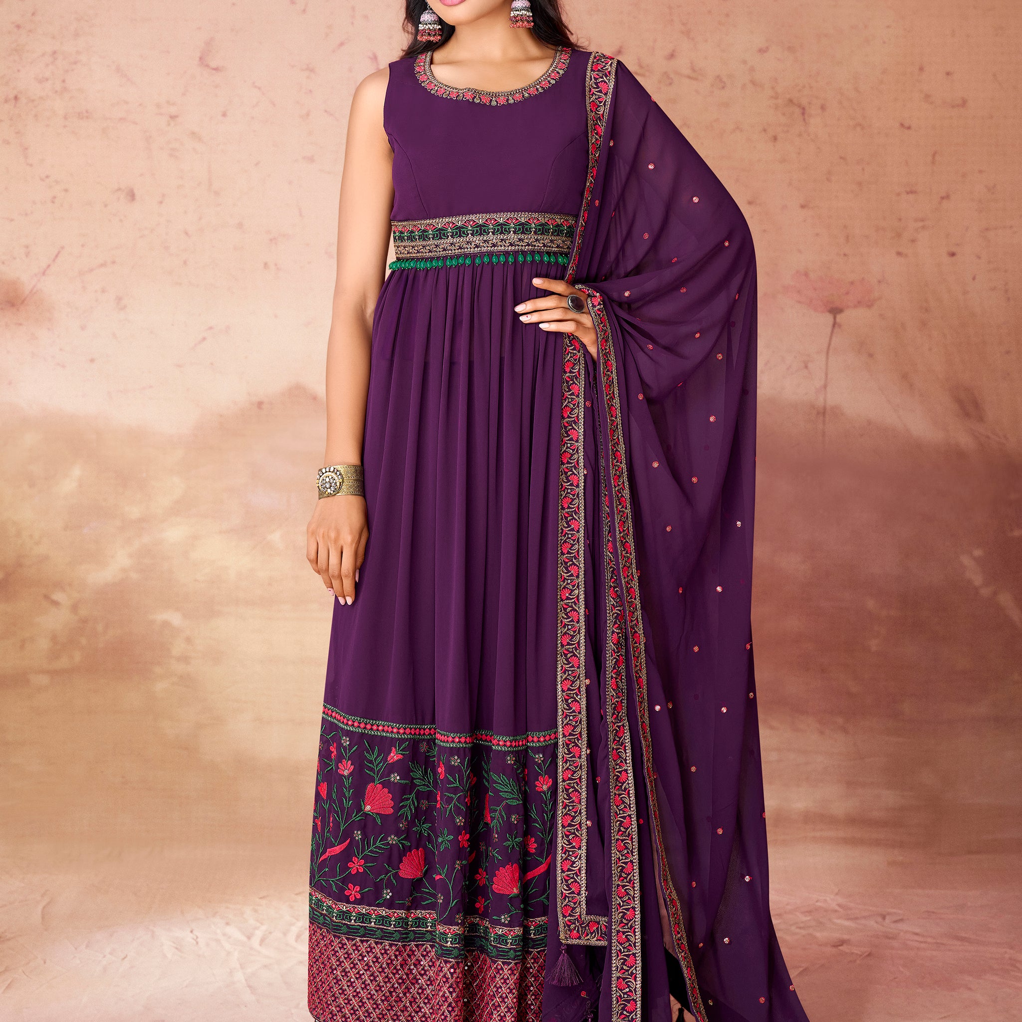 Incredible Purple Embroidered Georgette Festival Wear Palazzo Suit