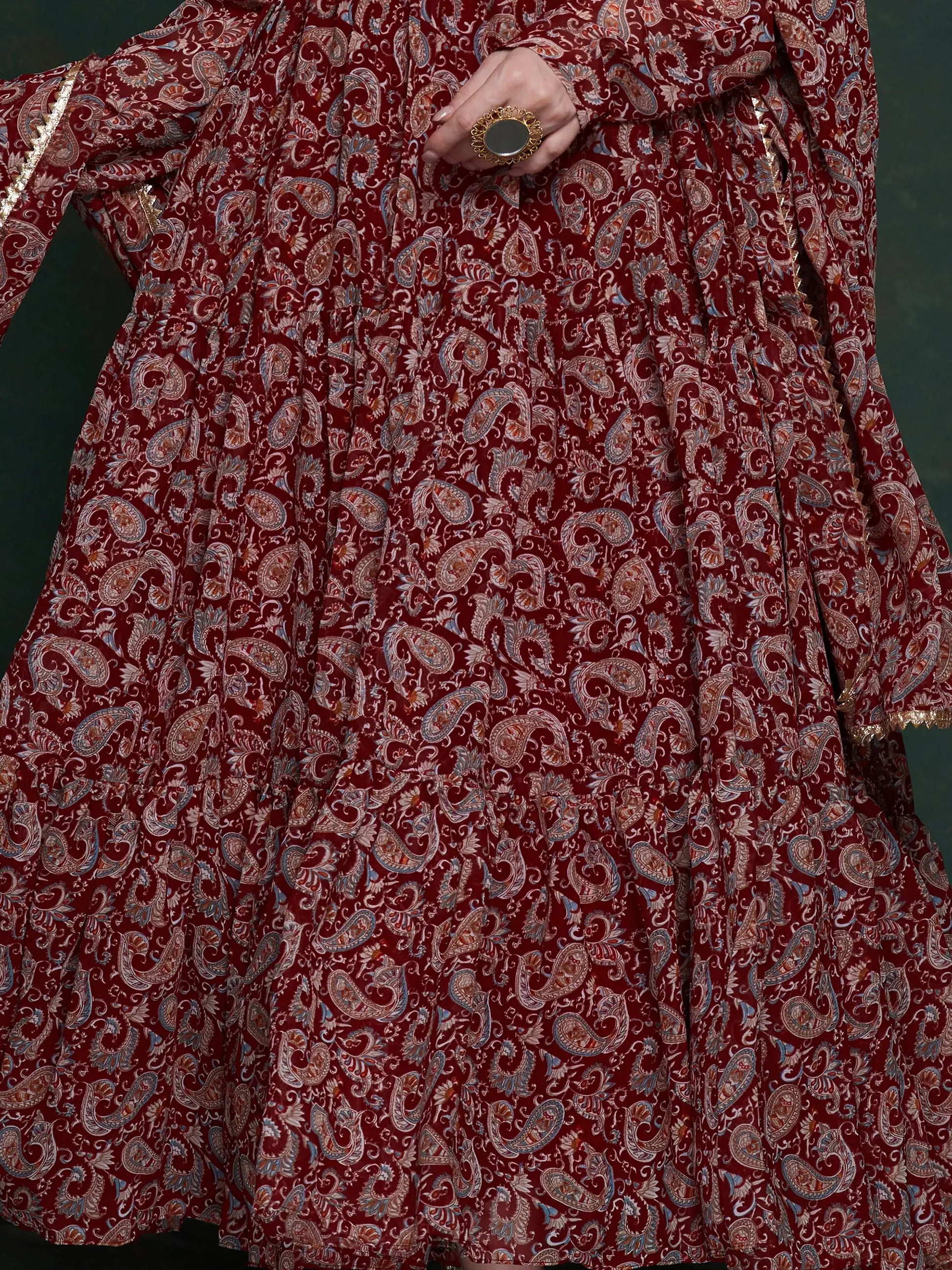 Marvelous Maroon Digital Printed Organza Traditional Gown With Dupatta
