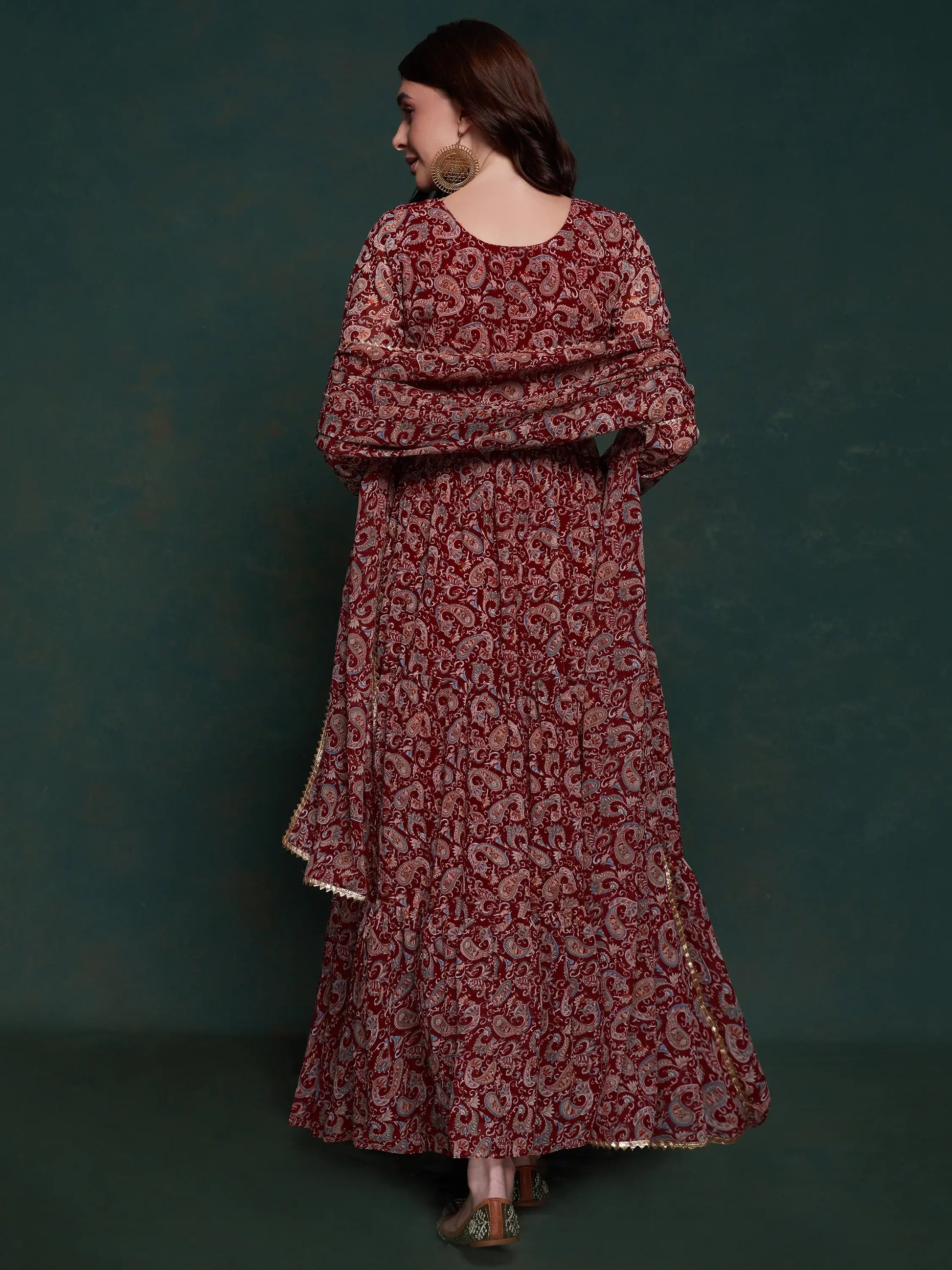 Marvelous Maroon Digital Printed Organza Traditional Gown With Dupatta