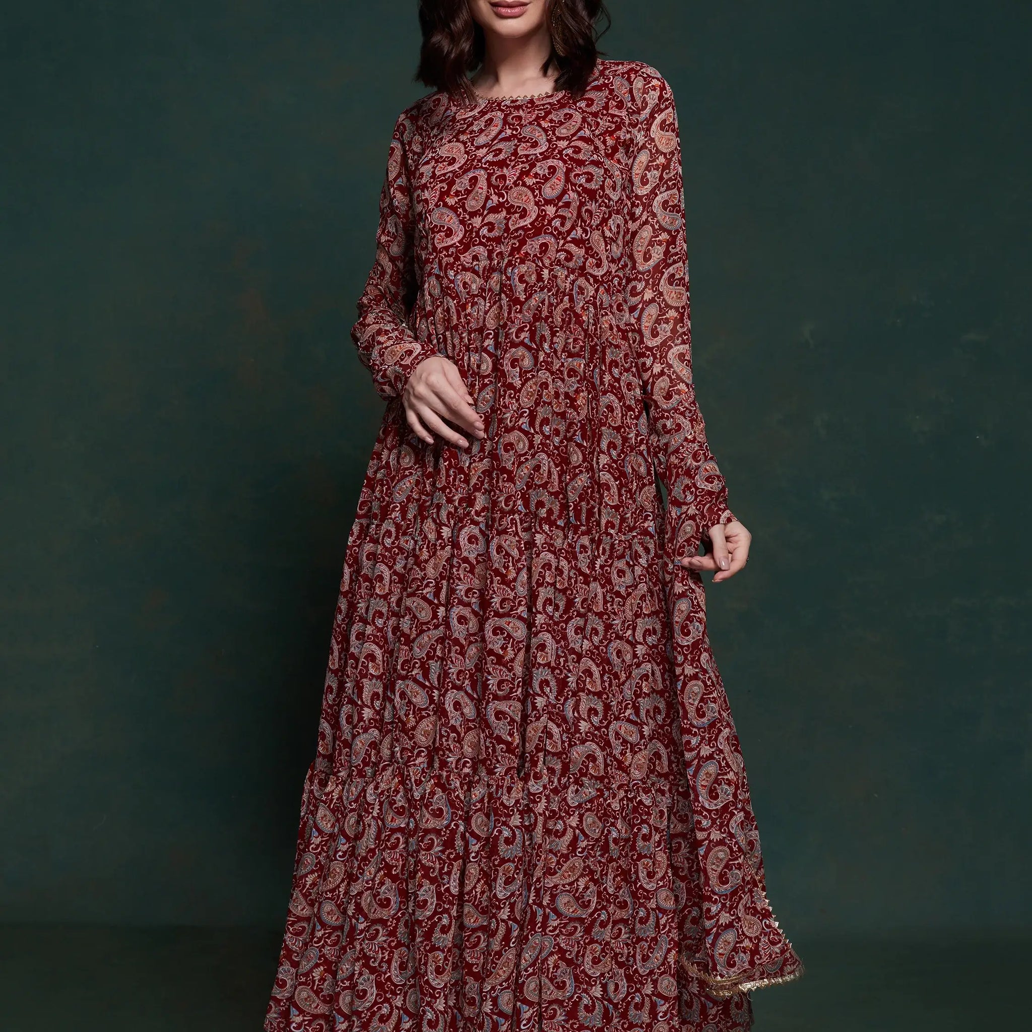 Marvelous Maroon Digital Printed Organza Traditional Gown With Dupatta