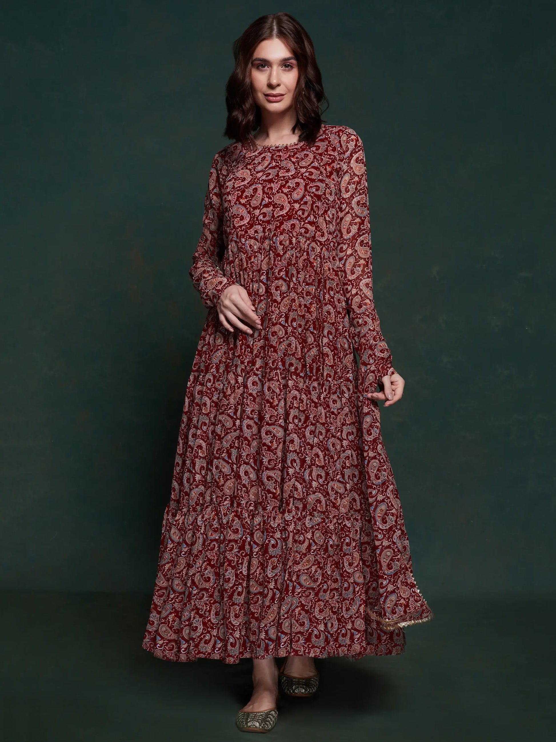 Marvelous Maroon Digital Printed Organza Traditional Gown With Dupatta