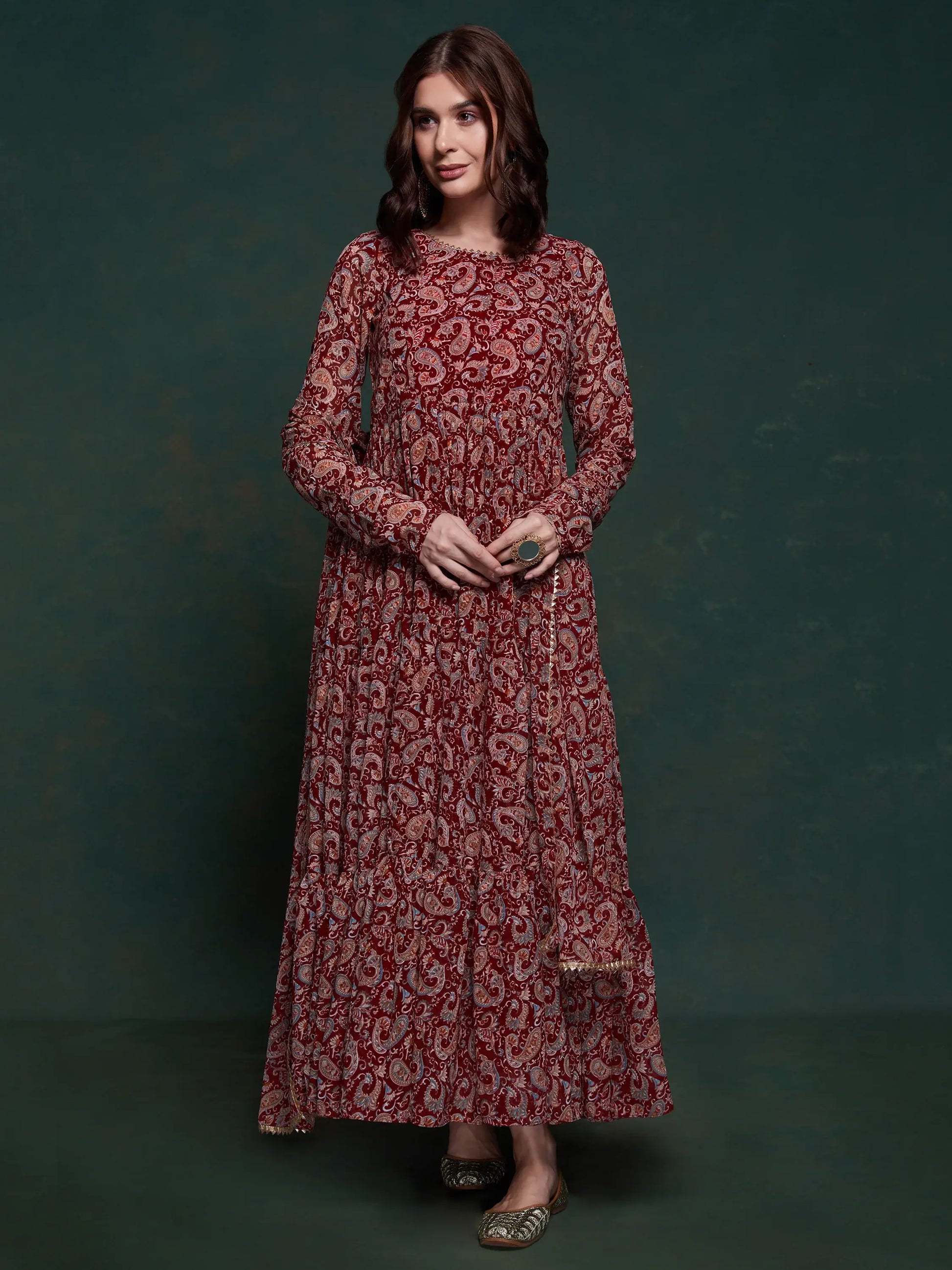 Marvelous Maroon Digital Printed Organza Traditional Gown With Dupatta