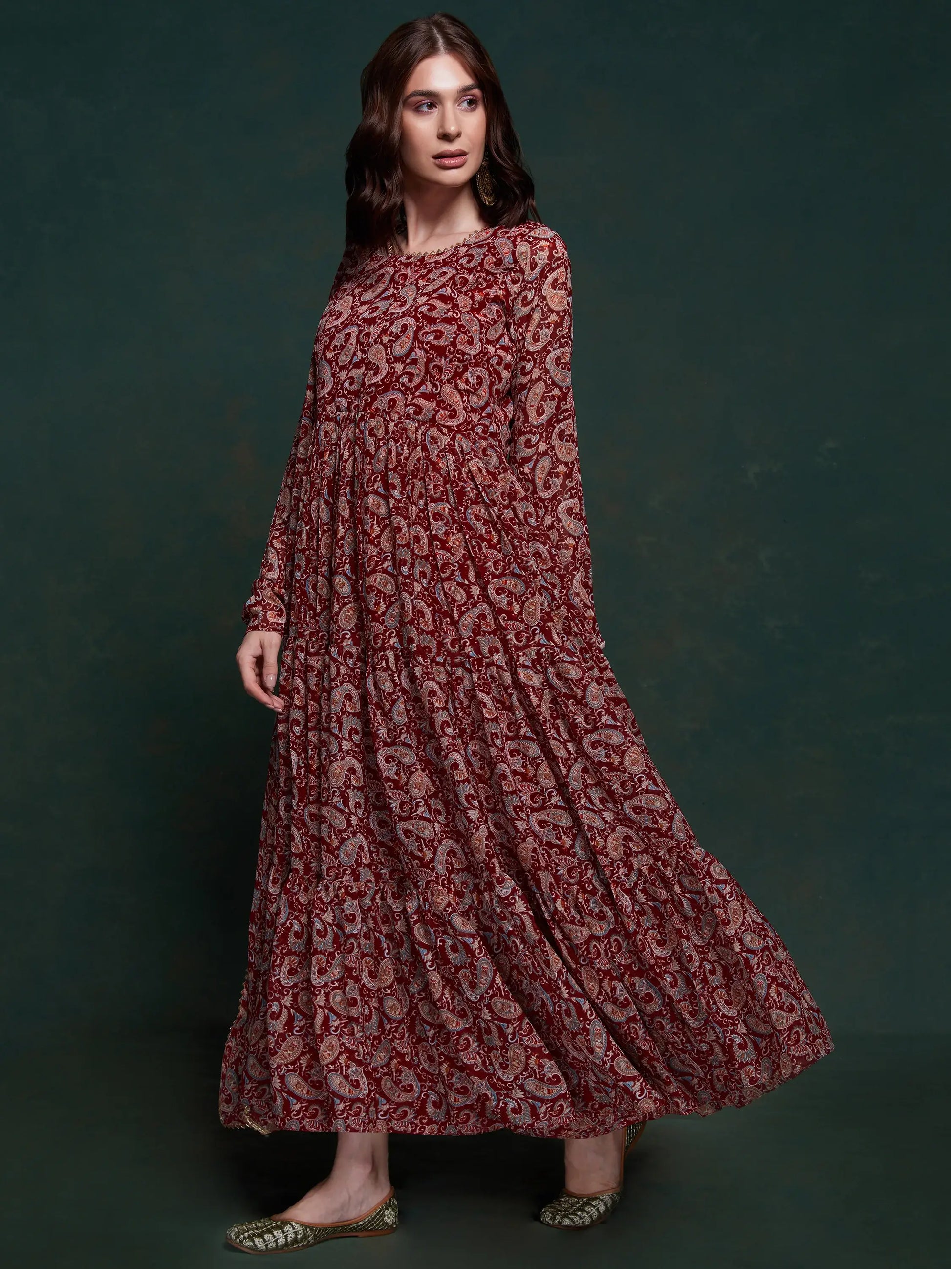 Marvelous Maroon Digital Printed Organza Traditional Gown With Dupatta