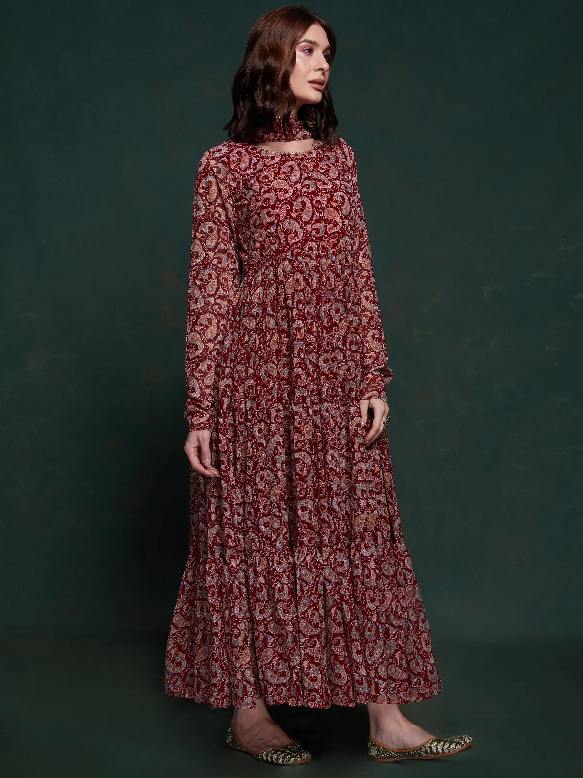 Marvelous Maroon Digital Printed Organza Traditional Gown With Dupatta