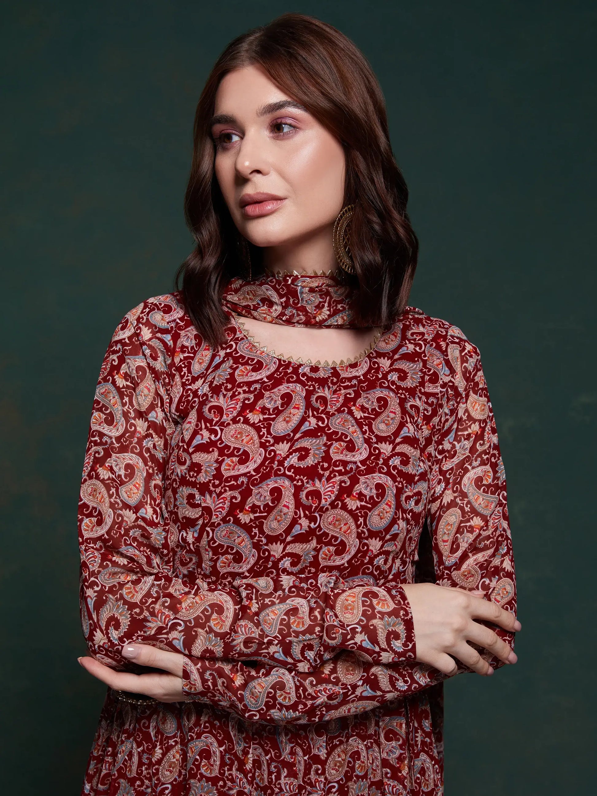 Marvelous Maroon Digital Printed Organza Traditional Gown With Dupatta