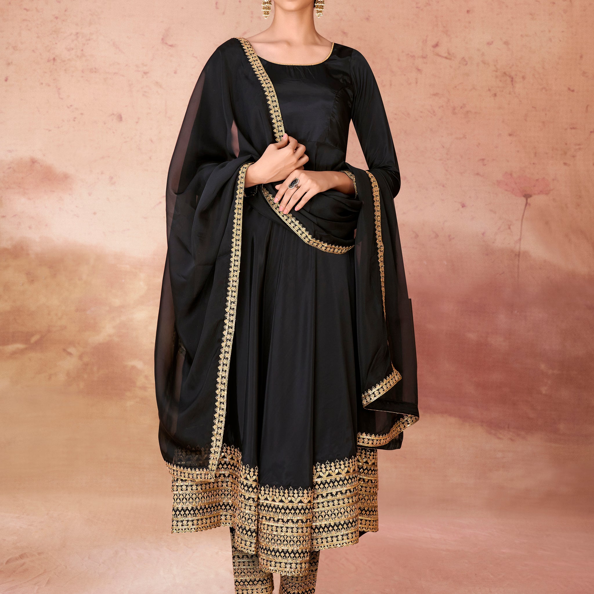 Wonderful Black Heavy Embroidered Border Anarkali Suit With Dupatta