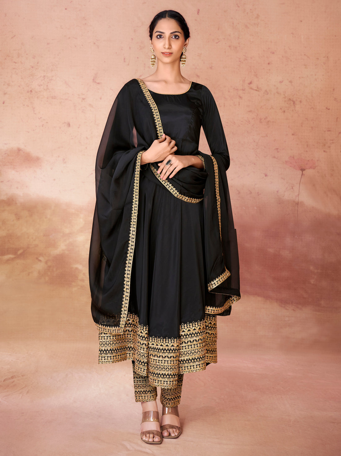 Wonderful Black Heavy Embroidered Border Anarkali Suit With Dupatta
