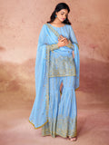 Outstanding Sky-Blue Sequins Georgette Designer Sharara Suit