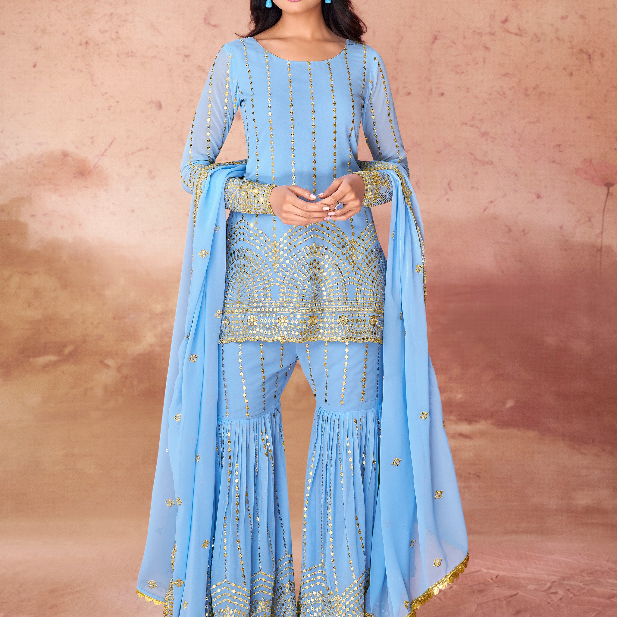 Outstanding Sky-Blue Sequins Georgette Designer Sharara Suit