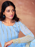 Outstanding Sky-Blue Sequins Georgette Designer Sharara Suit
