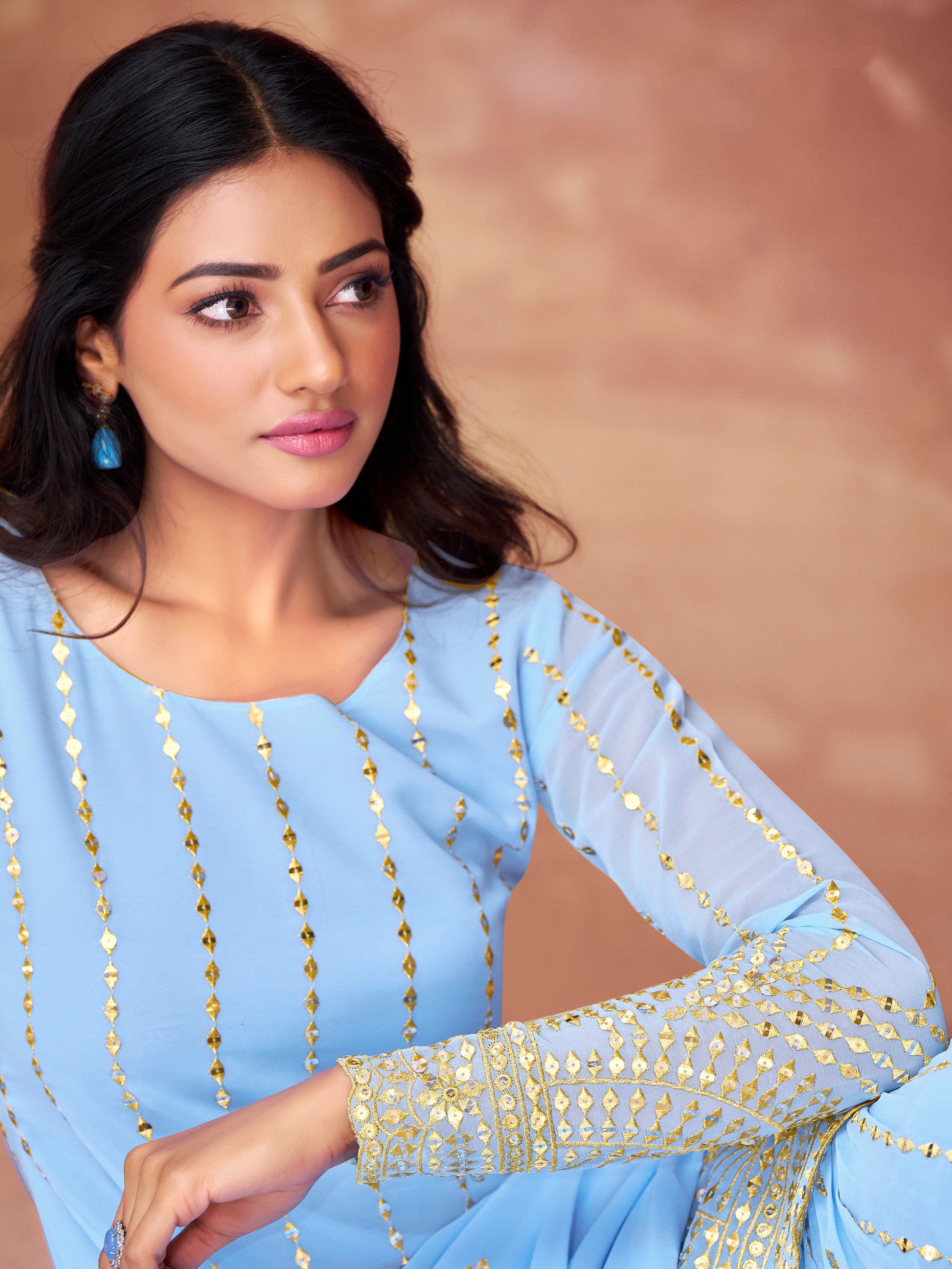 Outstanding Sky-Blue Sequins Georgette Designer Sharara Suit