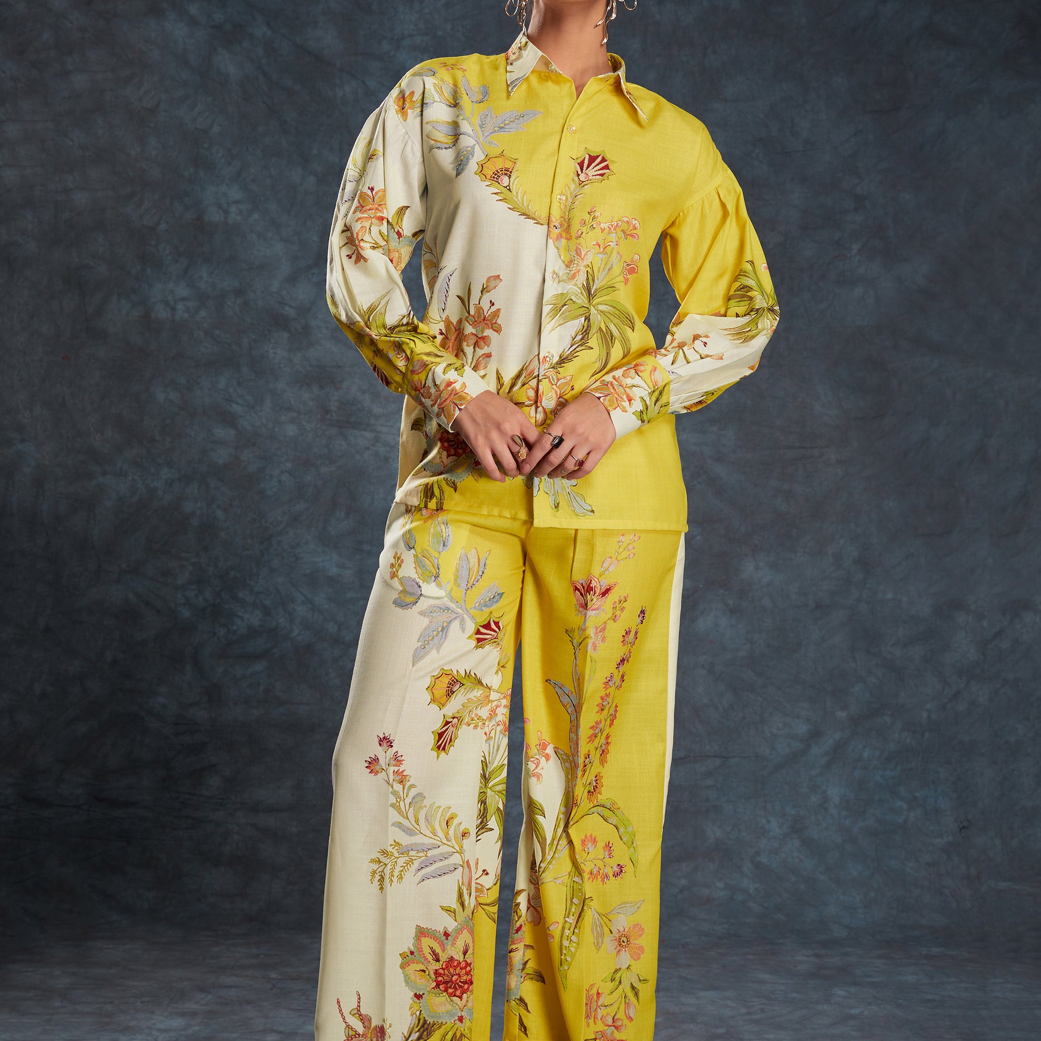 Gorgeous Yellow Floral Printed Linen Office Wear Co-Ord Set