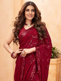 Stunning Maroon Sequins Georgette Party Wear Saree With Blouse