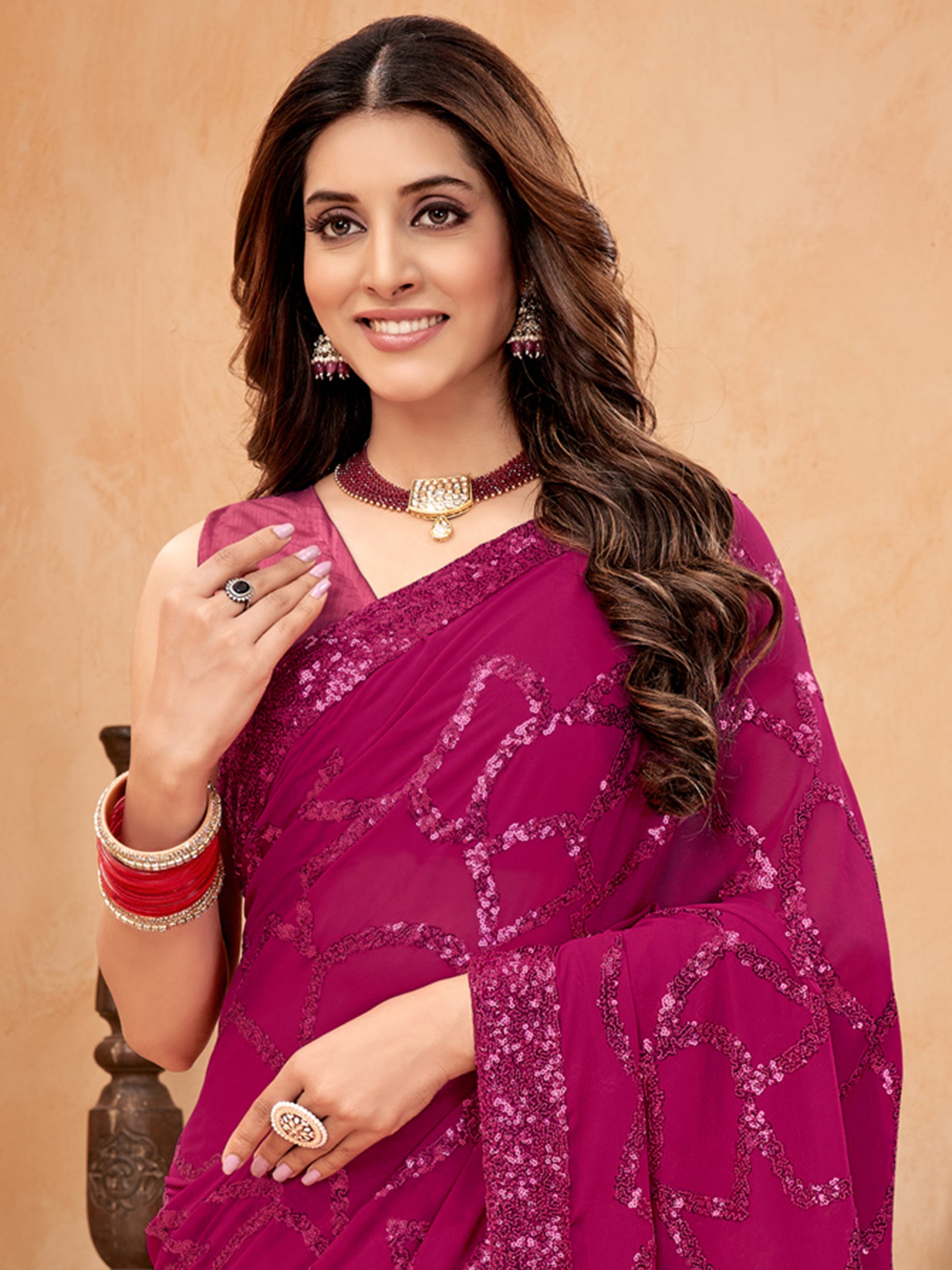 Fantastic Magenta Sequins Georgette Reception Wear Saree With Blouse