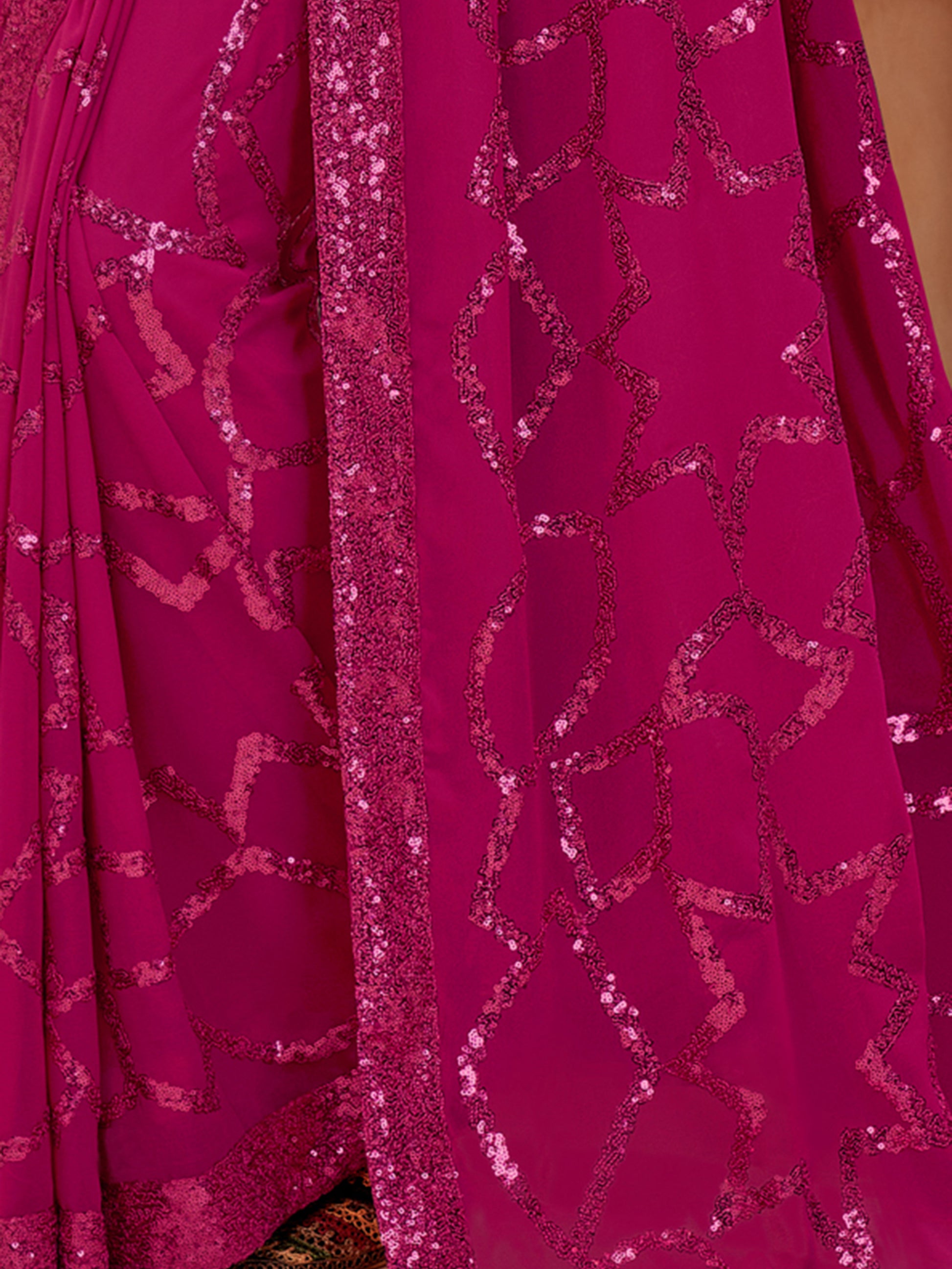 Fantastic Magenta Sequins Georgette Reception Wear Saree With Blouse