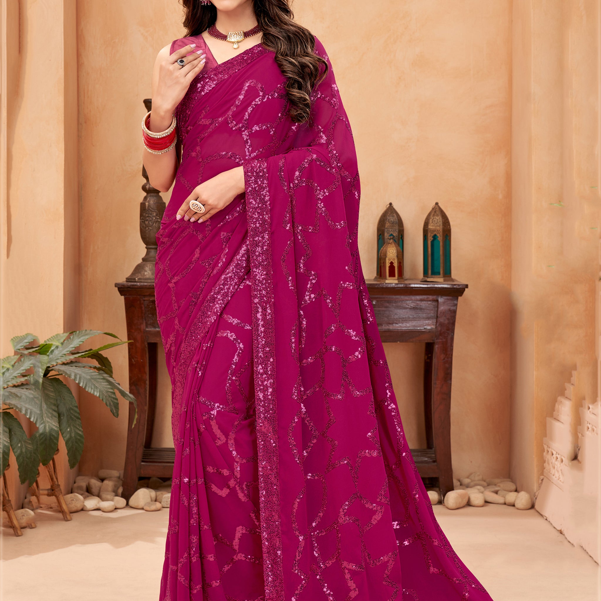 Fantastic Magenta Sequins Georgette Reception Wear Saree With Blouse