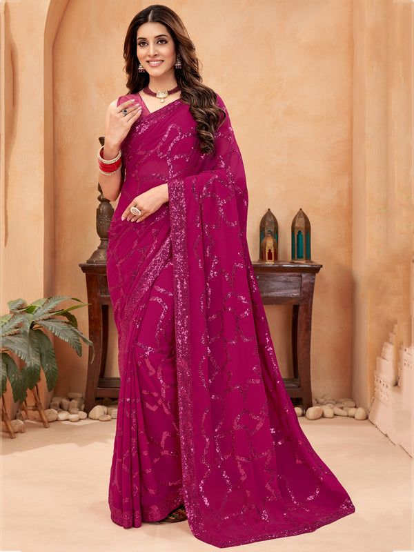 Fantastic Magenta Sequins Georgette Reception Wear Saree With Blouse