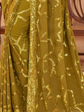 Marvelous Olive Green Sequins Georgette Mehendi Wear Saree