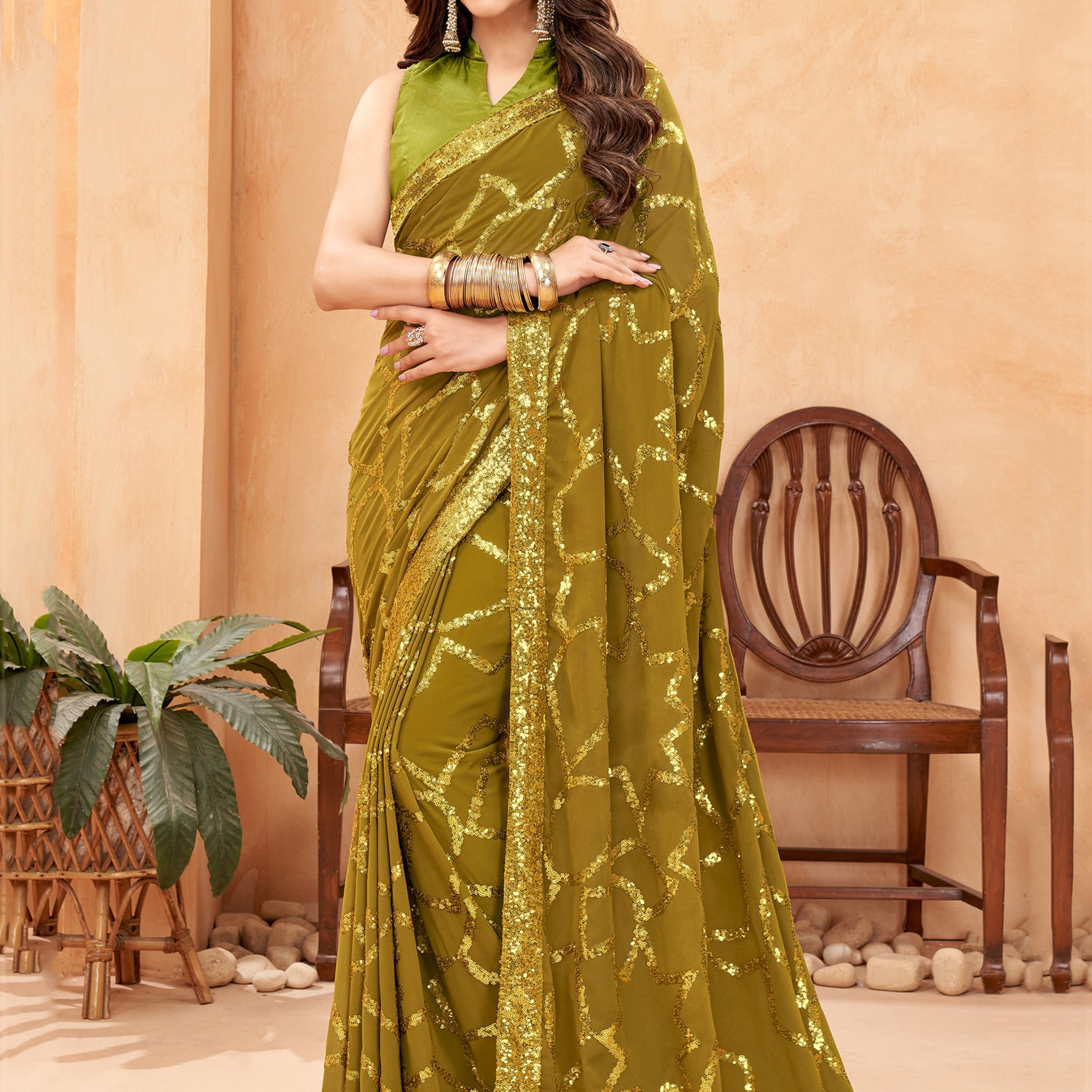 Marvelous Olive Green Sequins Georgette Mehendi Wear Saree