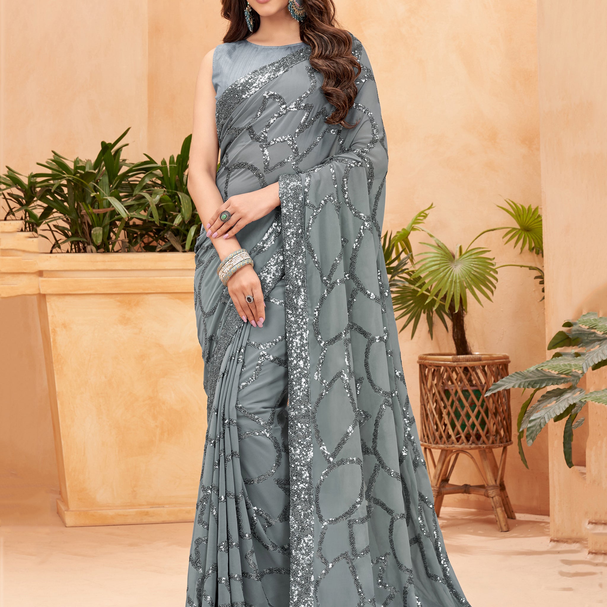 Incredible Grey Sequins Georgette Party Wear Saree With Blouse