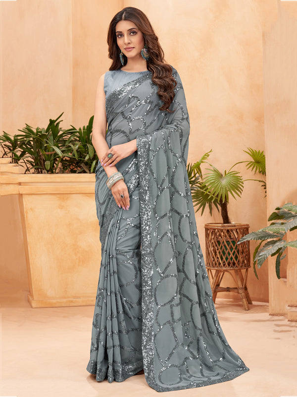 Incredible Grey Sequins Georgette Party Wear Saree With Blouse