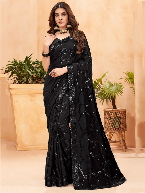 Astonishing Black Sequins Georgette Reception Wear Saree