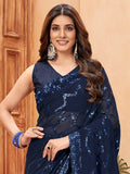 Captivating Navy Blue Sequins Georgette Cocktail Party Wear Saree