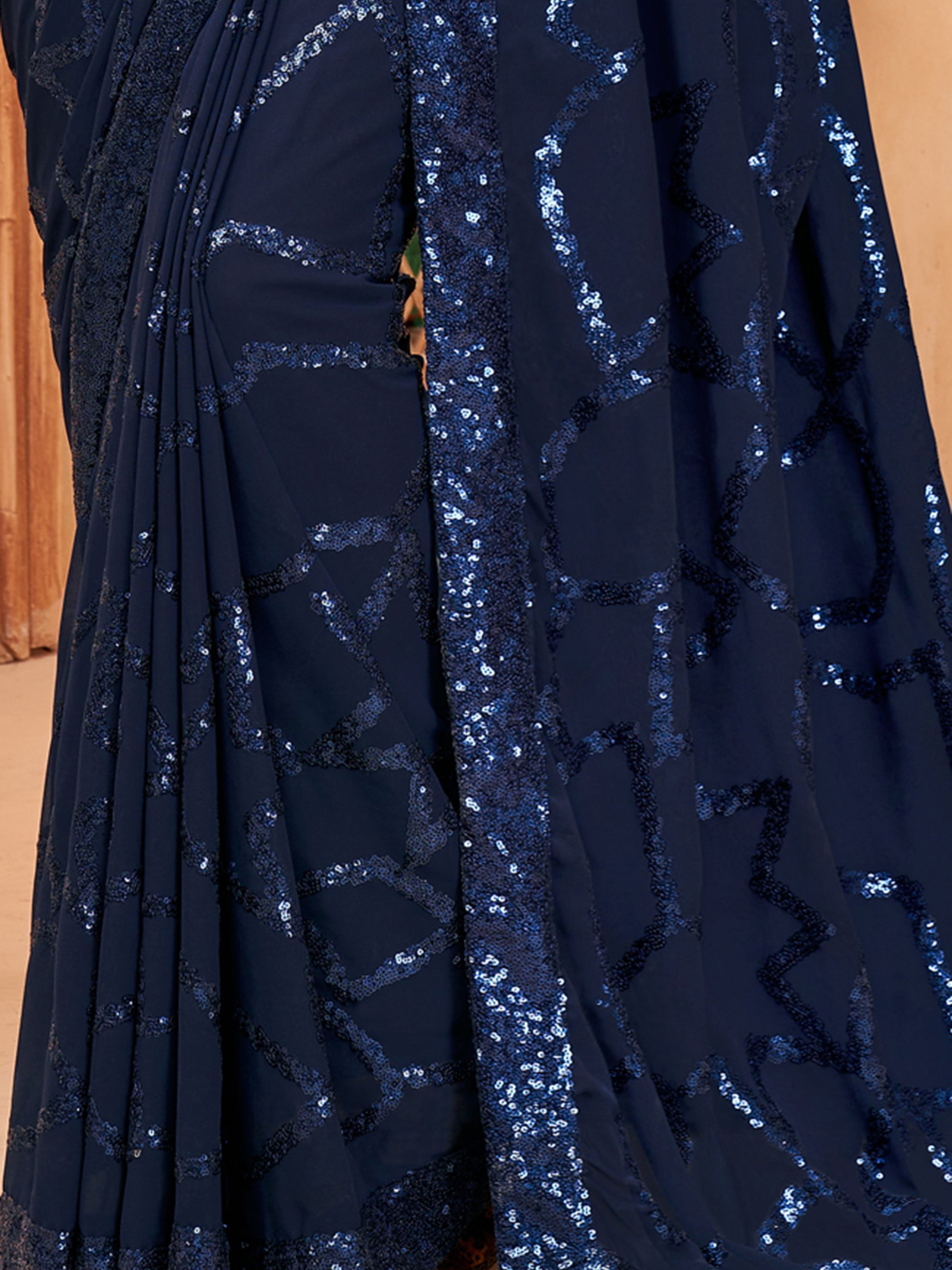 Captivating Navy Blue Sequins Georgette Cocktail Party Wear Saree