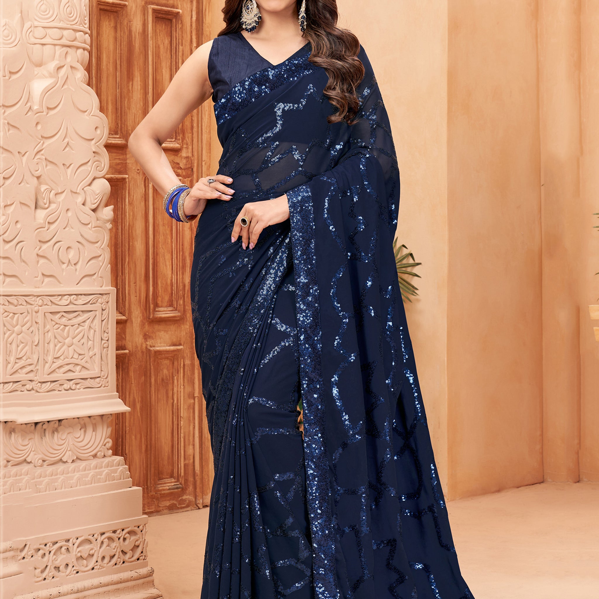 Captivating Navy Blue Sequins Georgette Cocktail Party Wear Saree