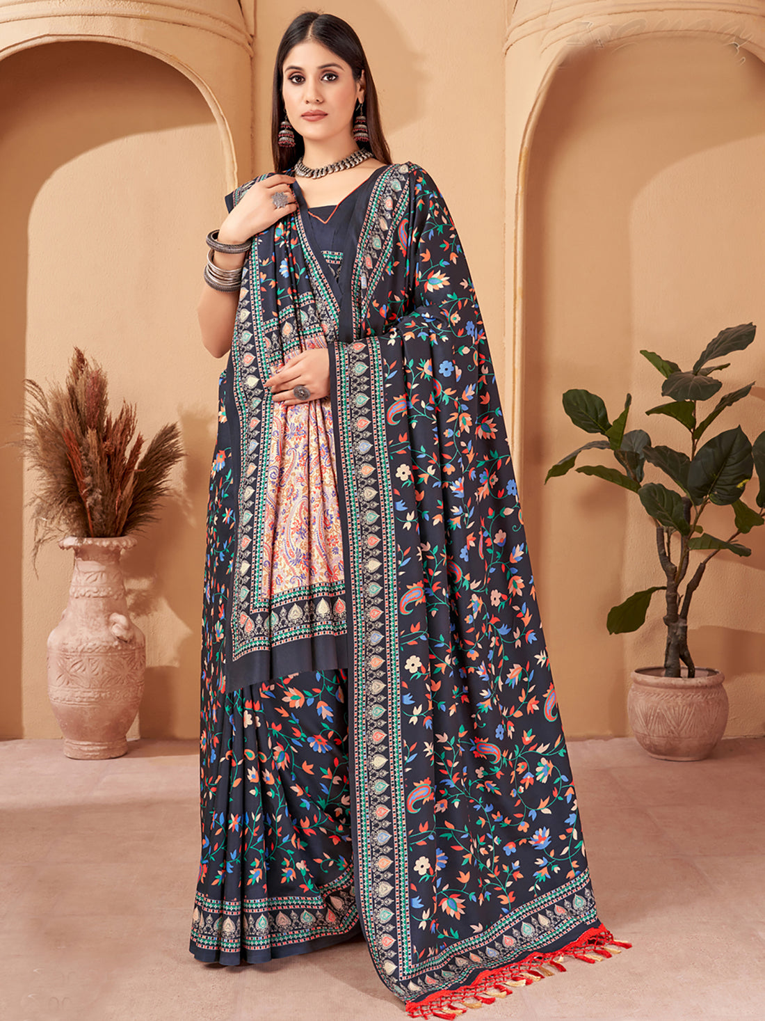 Charming Black Digital Printed Pashmina Traditional Saree With Shawl