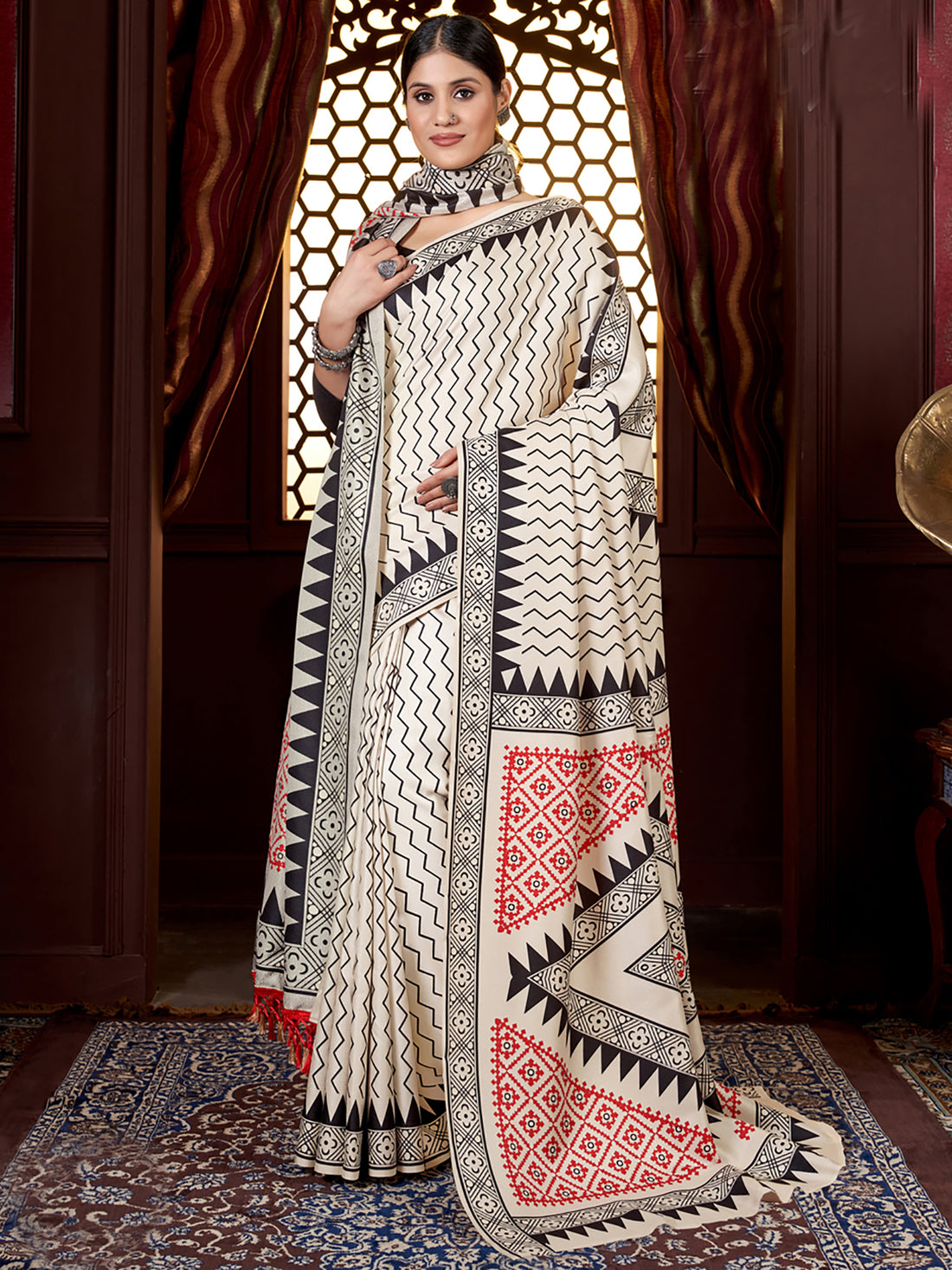Lovely Off-White Digital Printed Pashmina Festival Wear Saree With Shawl