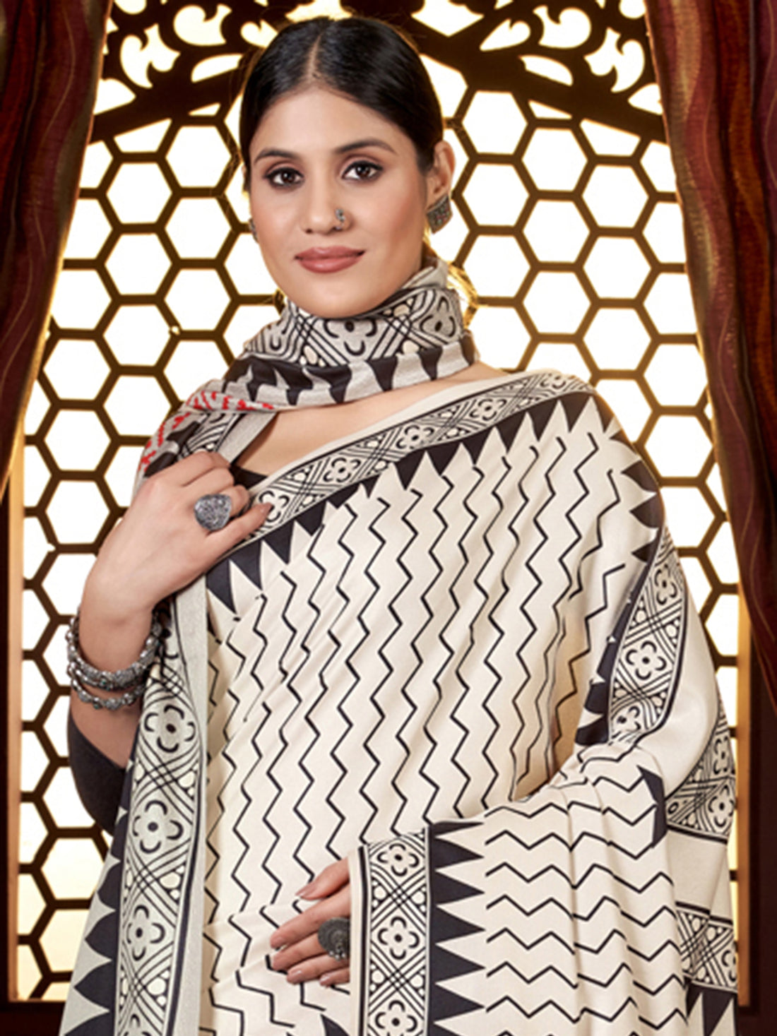 Lovely Off-White Digital Printed Pashmina Festival Wear Saree With Shawl