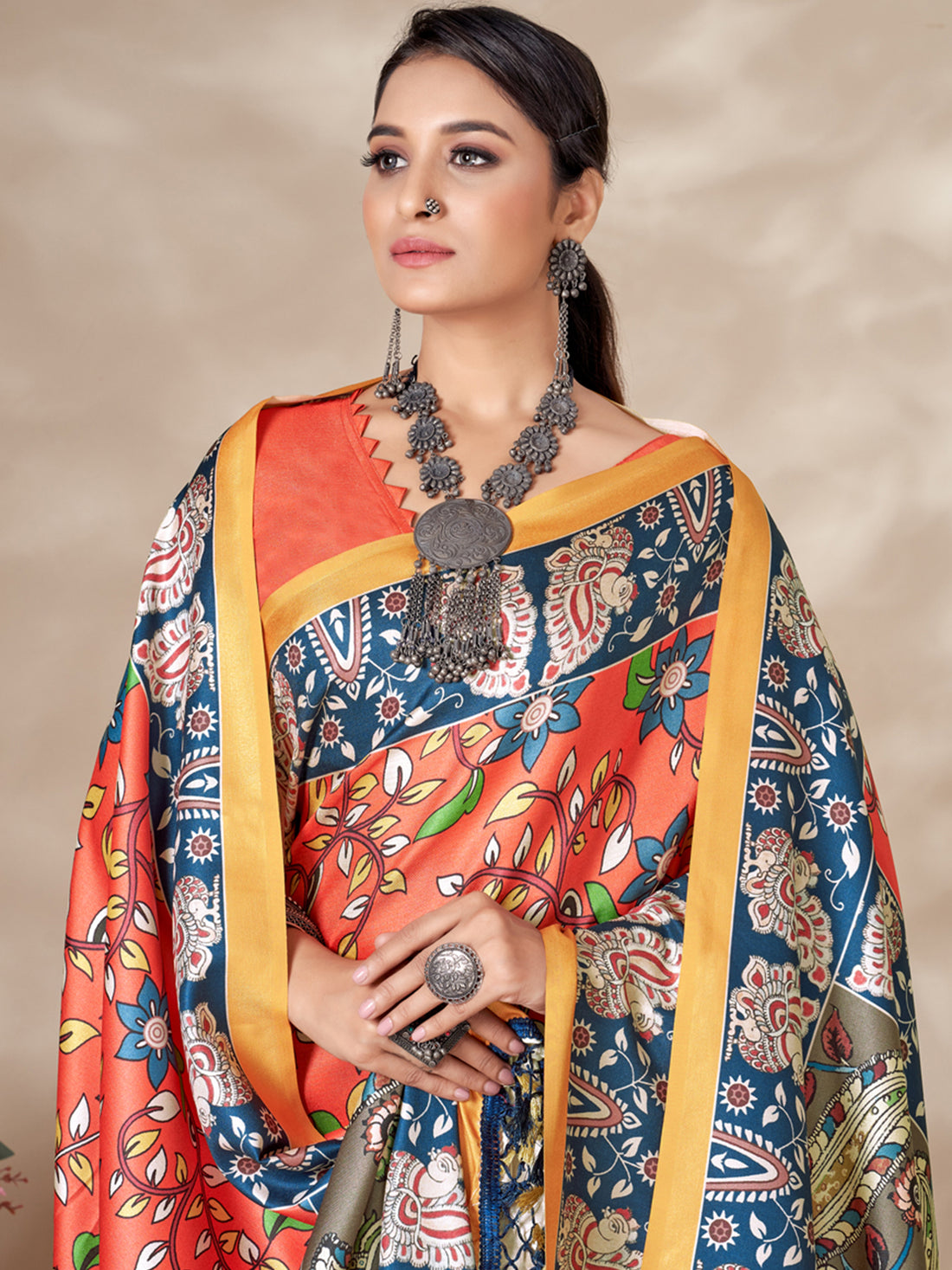 Attractive Orange Digital Printed Pashmina Event Wear Saree With Shawl