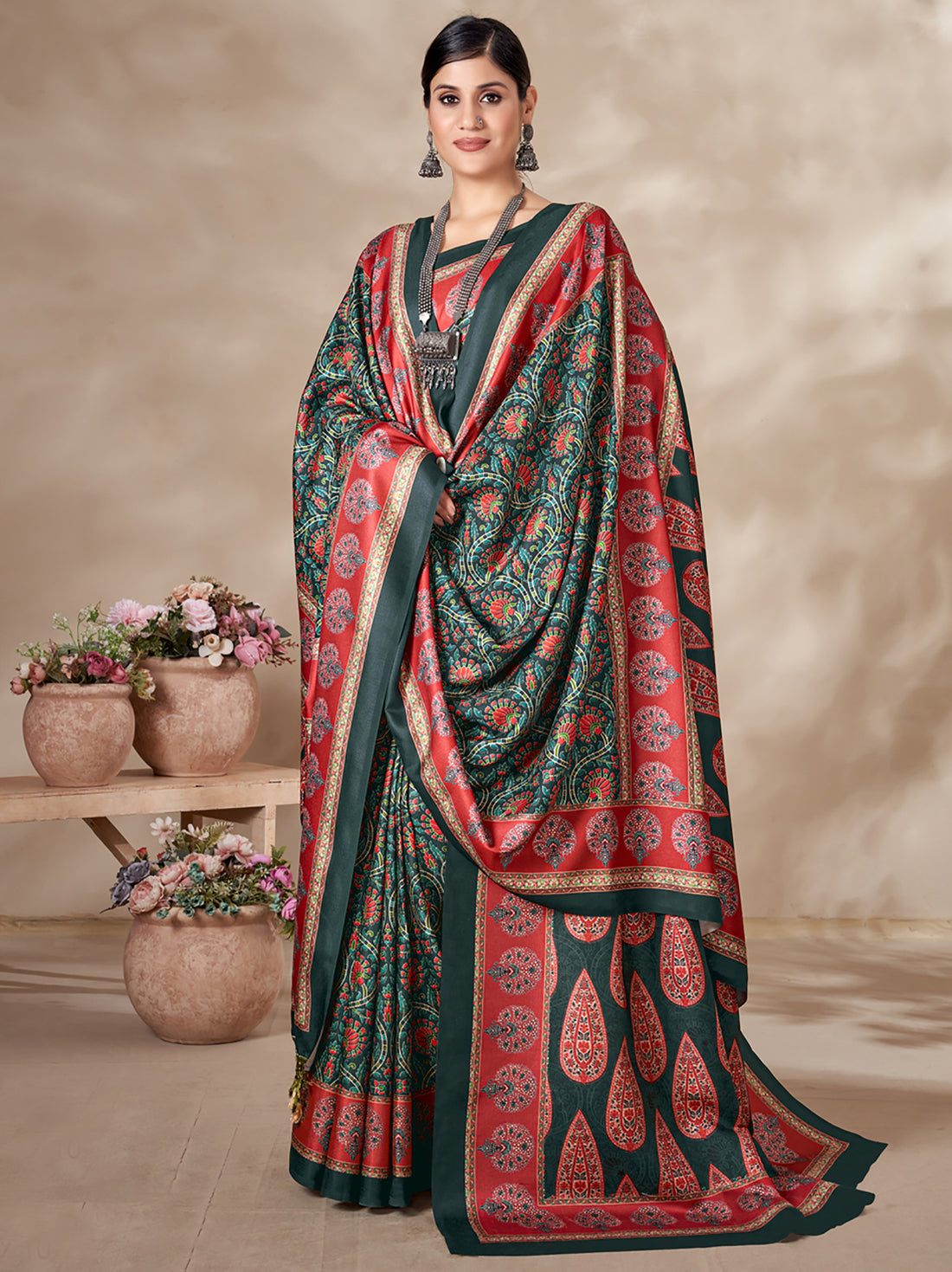 Alluring Multi-Color Digital Printed Pashmina Traditional Saree With Shawl