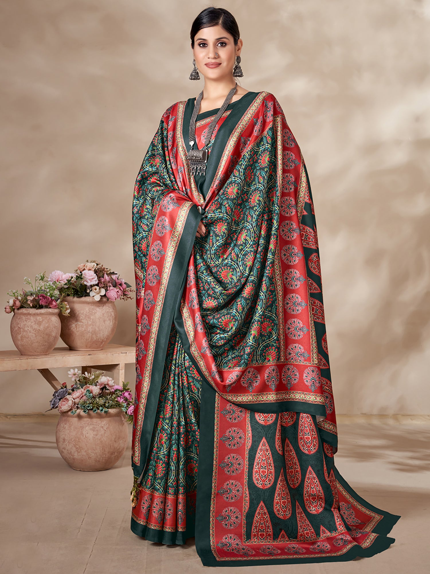 Alluring Multi-Color Digital Printed Pashmina Traditional Saree With Shawl