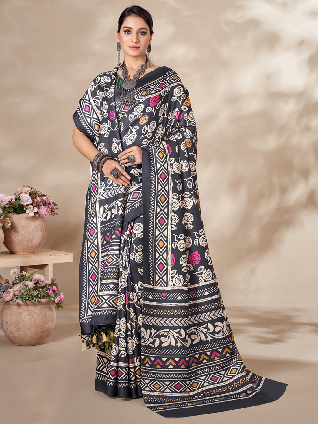 Stunning Black Digital Printed Pashmina Winter Wear Saree With Shawl