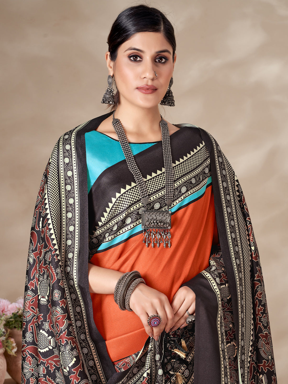 Adorable Orange Digital Printed Pashmina Event Wear Saree With Shawl
